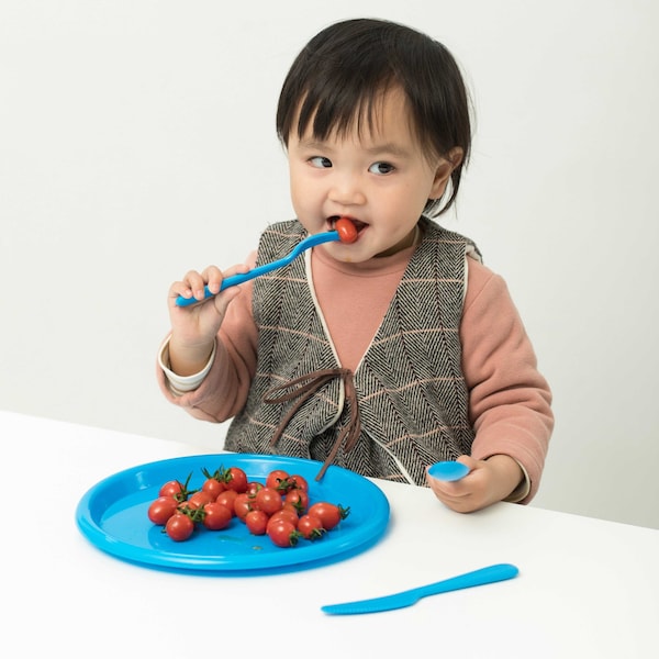 Reusable Cutlery Set Of 4 Plastic Plates, Spoons, Forks And Knives For Baby And Toddlers, Blue